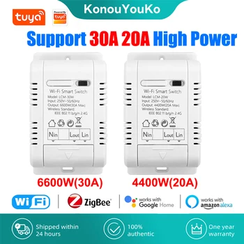 Tuya Zigbee 와이파이 스마트 스위치 무선 릴레이 모듈, 타이밍 전력 모니터링, 음성 제어, 알렉사 구글 스마트 라이프용, 30A, 20A