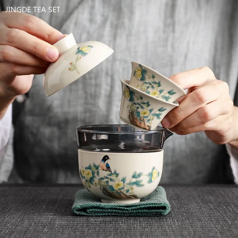 Hand-painted Travel Tea Set Home Car Outdoor Tea Infuser Portable One Pot Three Cups Ceramic Teaware Bring A Storage Bag