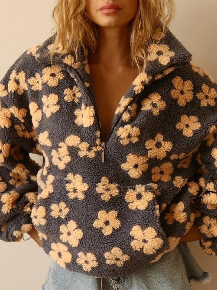 Wmstar Pullovers Women Winter  Clothes New Fashion Faux Lambskin Printed Loose Zipper Hoodie Long Sleeved Top New Style