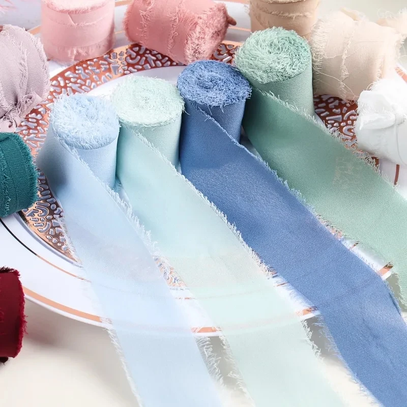 4CM*5M Handmade Frayed Edged Wrinkle Chiffon Silk Ribbon For Wedding Invitation Wrapping Decor Sheer Fringe Craft Bridal Bouquet ribbon decoration ribbon supplies chiffon silk ribbon