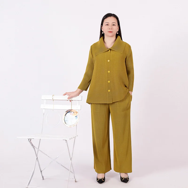 

2023 spring new solid color lapel long-sleeved single-breasted top pants pleated suit