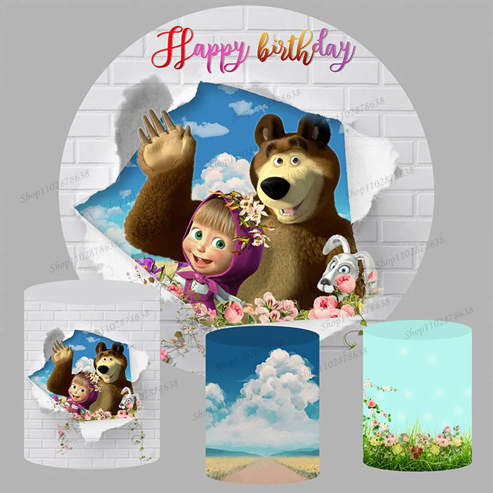 Mashas And The Bear Background Copertura Circolare Ragazza 1St Birthday Party Sfondo Decor Gonna Viola Cilindro Elastico Banner Puntelli