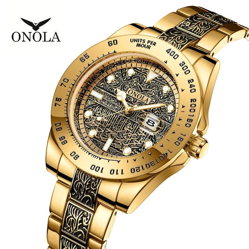 ONOLA Men's Vintage Gold Watch Fashion Business High Quality Multifunctional Chronograph Watch Waterproof Luminous Quartz Watch