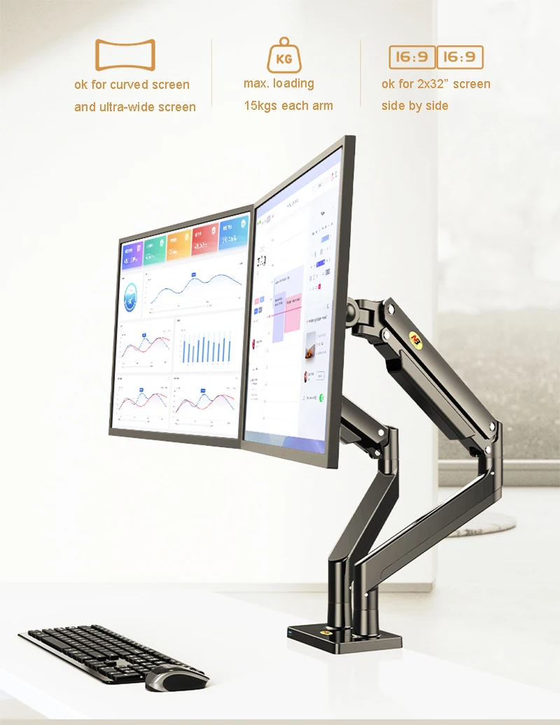 Liga de Alumínio 22 32 Dupla Lcd Led Monitor de Montagem Braço de Mola de Gás Completo Movimento Monitor Suporte Carga 315 Kgs Cada nb G32