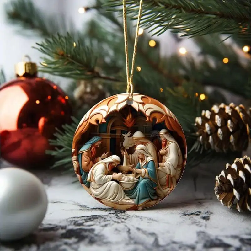 Holy Family Statue 2D Fadeless Nativity Scene Ornaments Waterproof Colorful Pendant With Rope Christmas Nativity Decor Supplies