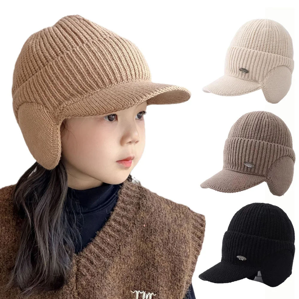 Autumn Winter Kids Knitted Cap Warm Ears Baby Hat with Earflaps Fashion Children Baseball Caps for Girls Boys Accessories 2-6Y