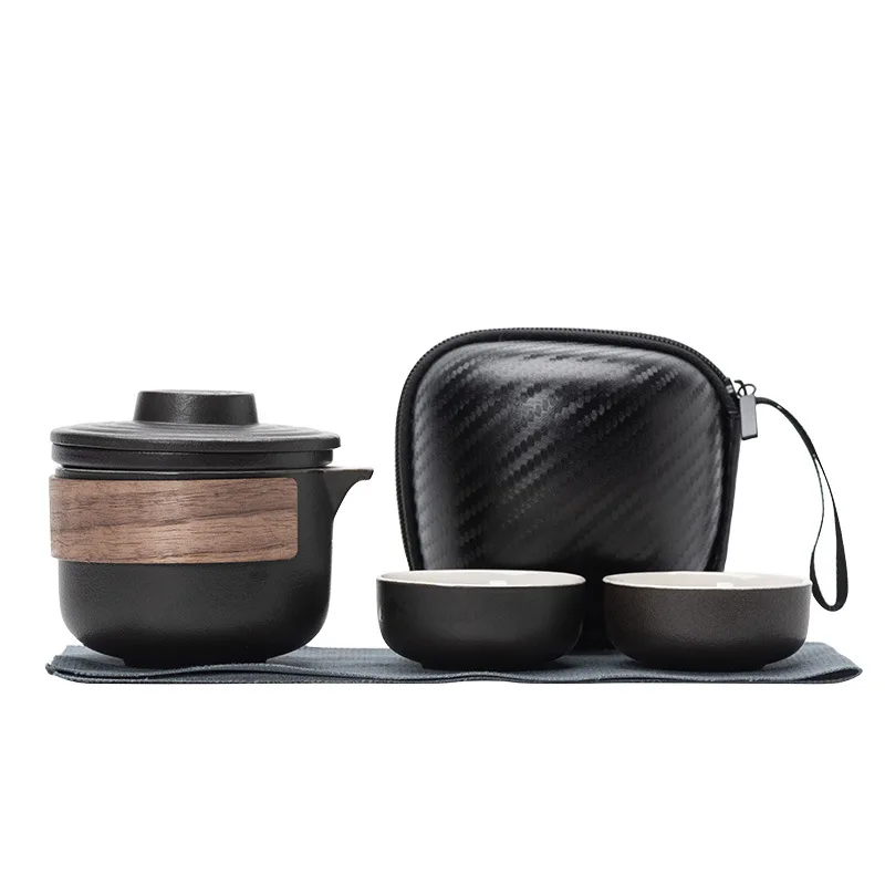 Travel Tea Set, Ceramic Quick Cup Portable One Pot and Two Cups