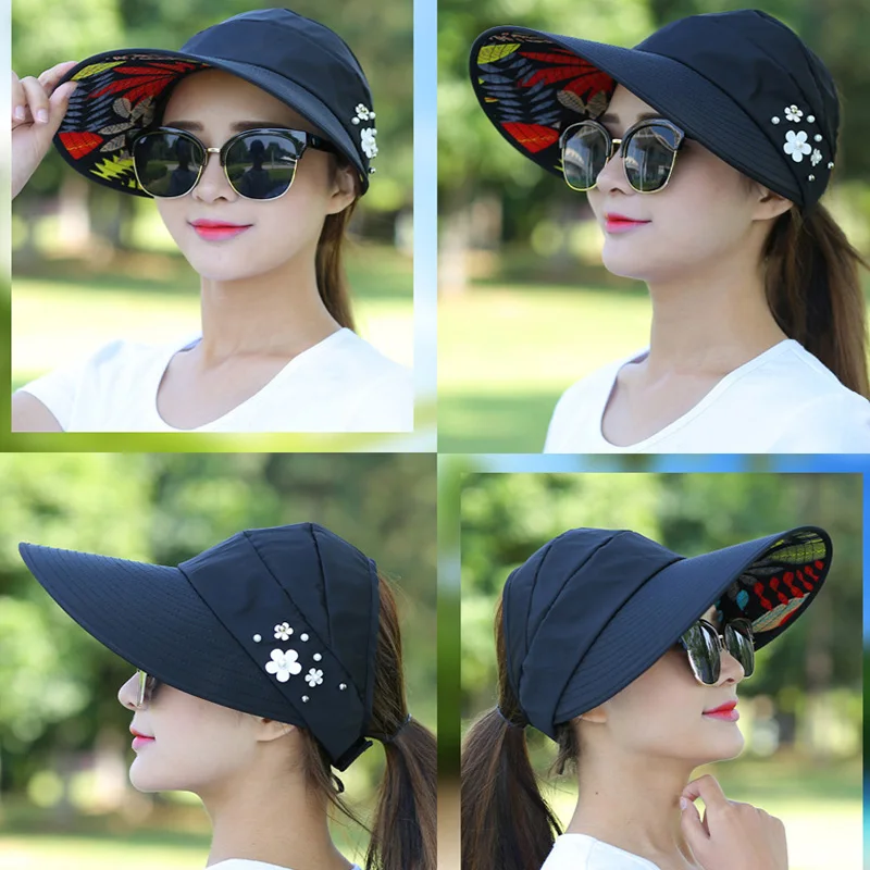 Summer Women Wide Brim Top Hats Flower Pearls Floppy Foldable Sun Protection Hats Outdoor Beach Tour Visor Baseball Cap baseball cap sun hat