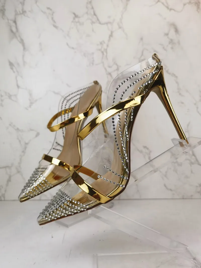 

Sexy Luxury Diamond Pointed Toe Stiletto Heels Women Sexy Crystal Transparent Pumps with Empty Back Wedding Party Women's Shoes