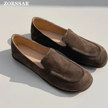 Suede Loafers Women 2026 New Spring Round Toe One Foot Slip-on Genuine Leather Boat Shoes Women Soft Flats Shoes Women