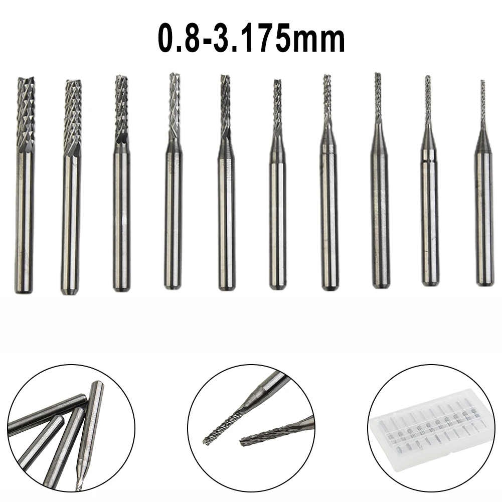 

Набор фрез для гравировки, комплект из 10*1/8 "0,8-3,175 мм, Концевая фреза с ЧПУ, для фрезерных отверстий, канавки, кромки на пластинах, инструменты
