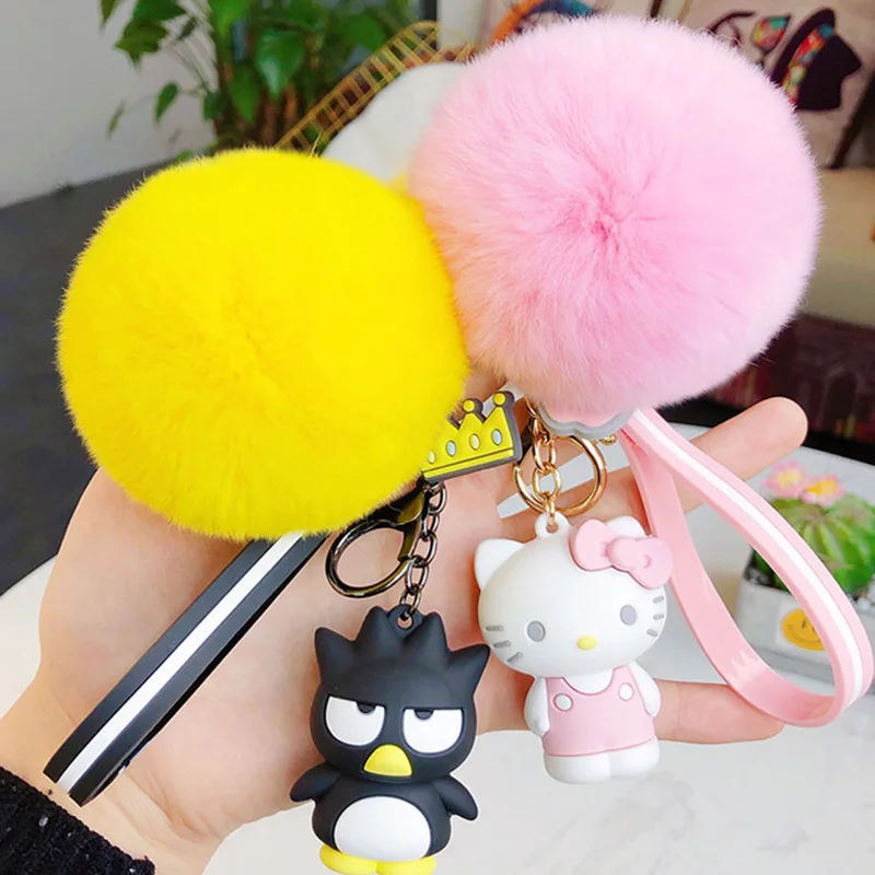 Key Chain Hello Kitty Sanrio Kuromi Penguin Frog Dog Cat Fluffy Rabbit Fur Ball Women Girl Bag Pendant Gifts