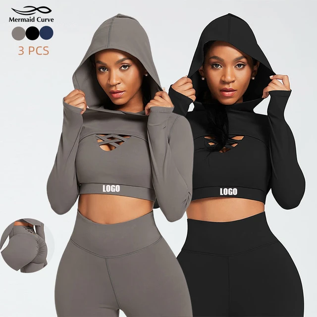 2/3PCS Patchwork Women Yoga Set Workout Running Sportswear Gym Clothing  Fitness Hoodie Crop Top High