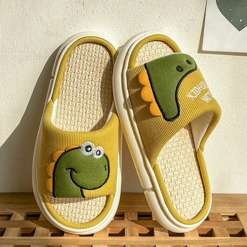 Casual Platform Slippers Women Home Cotton Hemp Cute Cartoon Dinosaur Designer Shoes Girls Flats Fashion Slipper Ladies Open Toe 3