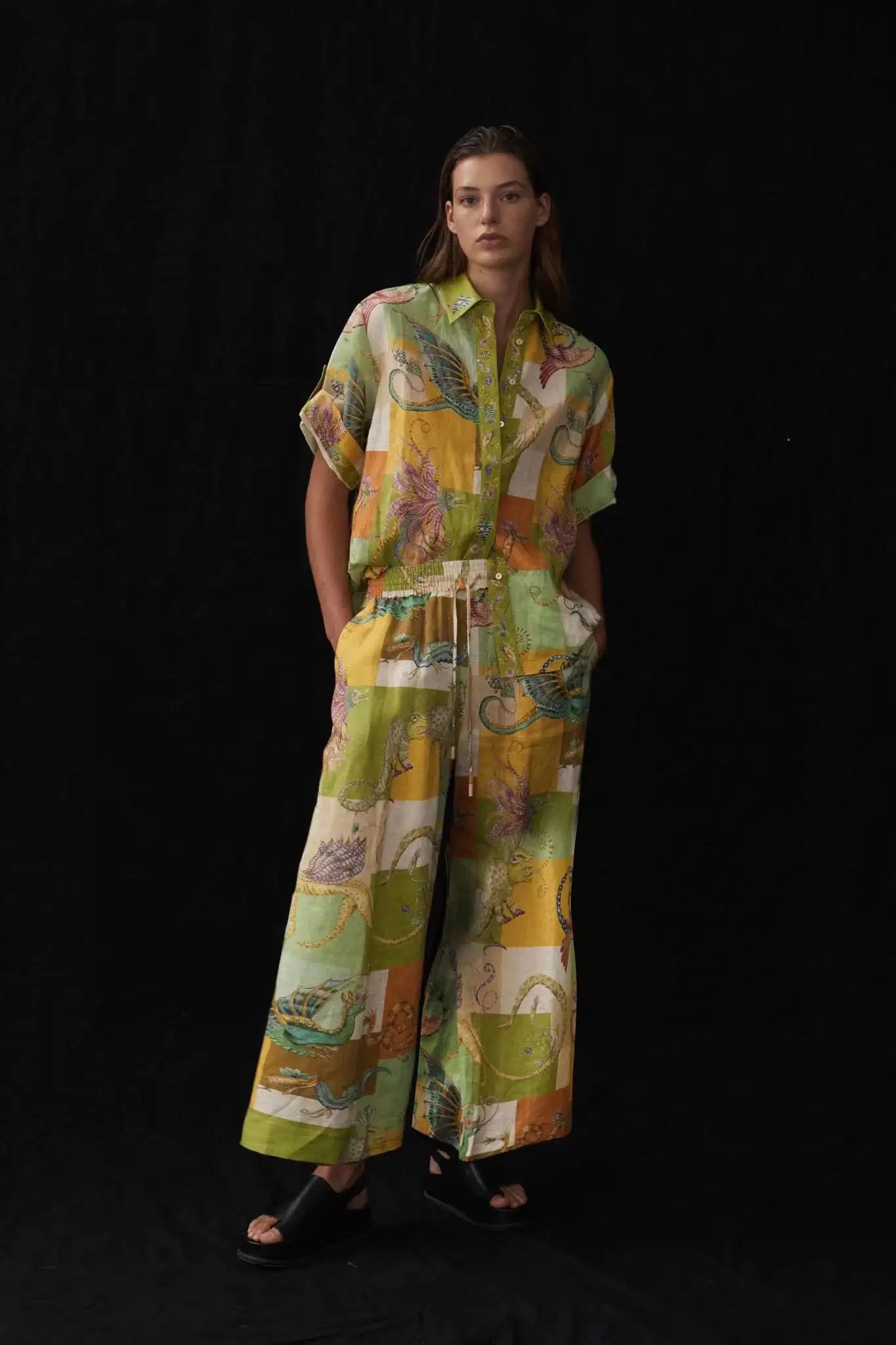 

Fyion 2023 Runway Luxury Brand Elegant Summer Suits Women Loose Short Sleeve Blouse + Waist Elastic Pants Print Casual Linen Set