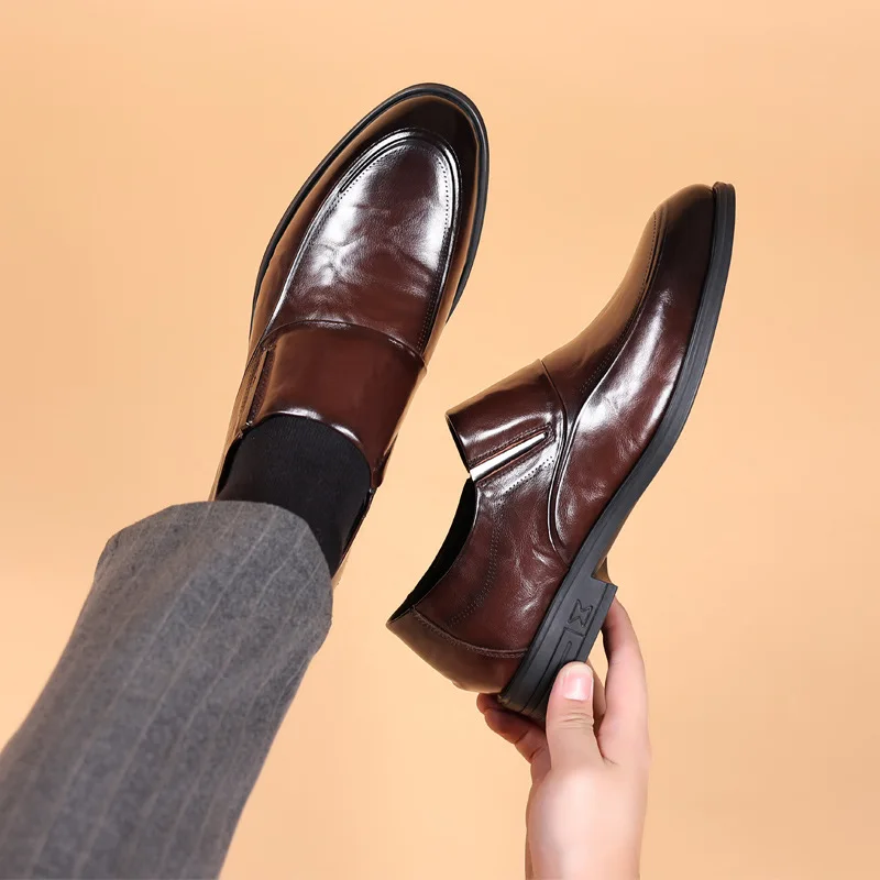 New Casual Leather Shoes Men's Trendy Business Formal Wear Leather Shoes Slip-on Height Increasing Insole Men's Shoes 4