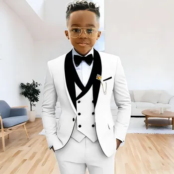 White Flower Boys Suit Wedding Tuxedo 3 Piece Set Jacket Pants Vest Kids Formal Party Suit Custom Jacket 2-16 Years Old 1