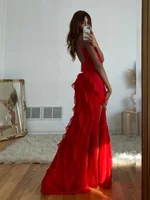 2024 Summer Fashion New Elegant Women's Sexy Chiffon Vacation Style Sling Dress with Ruffle Edge Style Long Dress - Image 4