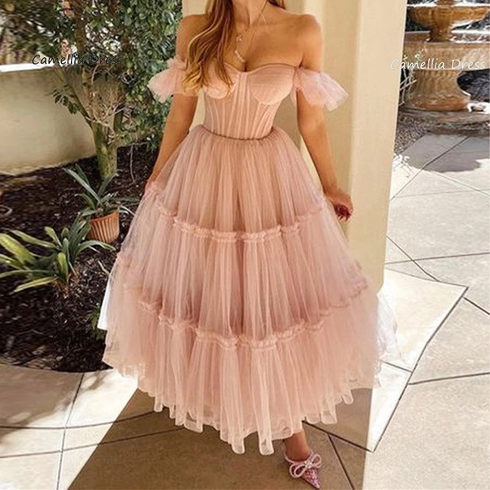 

Elegant Sweetheart Neck A Line Prom Dress Ruffled Sleeves Tiered Evening Dresses Princess Lace up Ankle Length