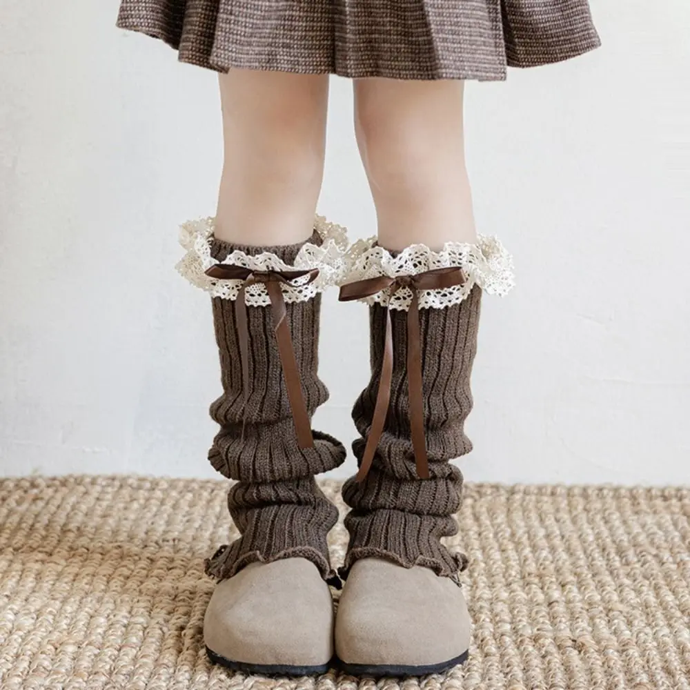 Fashion Harajuku Bow Ribbon Leg Warmers Long Stockings Sweet Lolita Knitted Socks Solid Color Kawaii Knitted Foot Cover Autumn