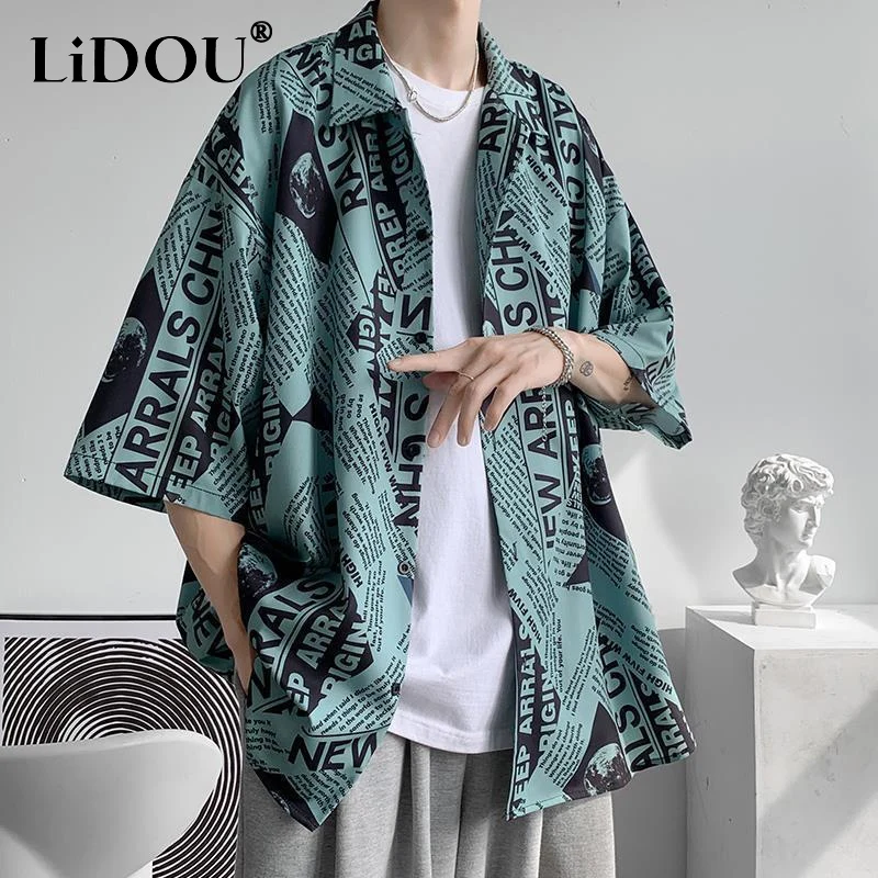 Summer New POLO Collar Characters Printing Vintage Shirt Man Thin Style Loose Casual Y2K Cardigan High Street Three Quarter Tops 100 sheets set zanhua small kakai hard pen characters adult beginner thin gold style tang poetry song ci characters line kakai