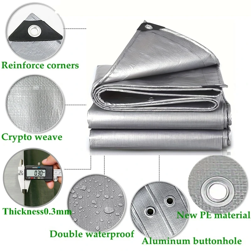 Large Tarpaulin 3mx4x4 5 6 8 10 12m 5*5 6x6 Waterproof Camping Tarp Silver Canopy Rain Shade Tent Cover Awning Outdoor Boat Car