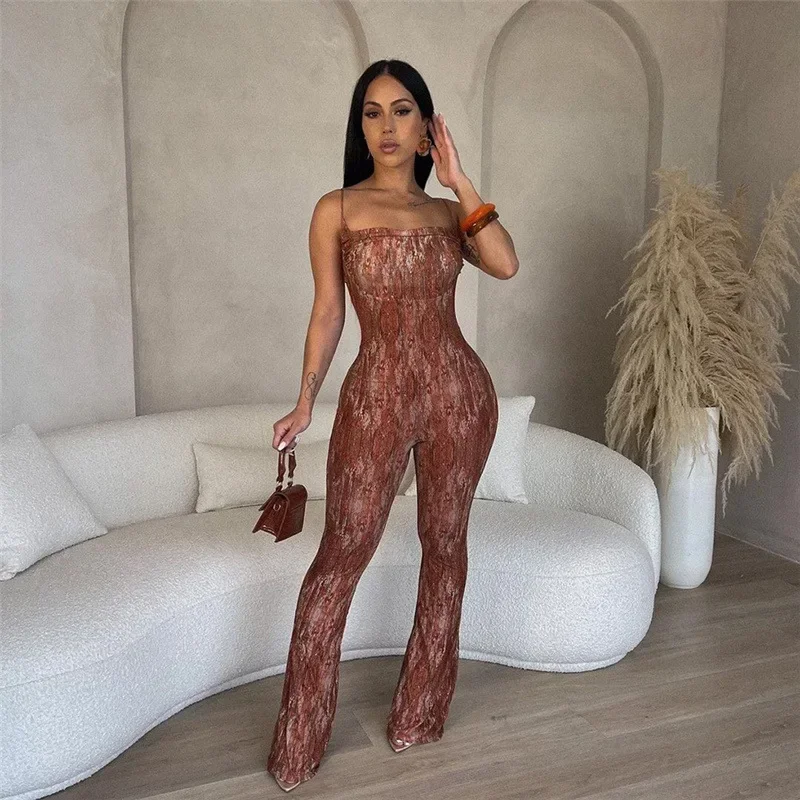 Spaghetti Straps Flare Jumpsuit Print Mesh Women Sexy Strapless Sleeveless Backless Slim Boot Cut Pants Overalls Club Rompers