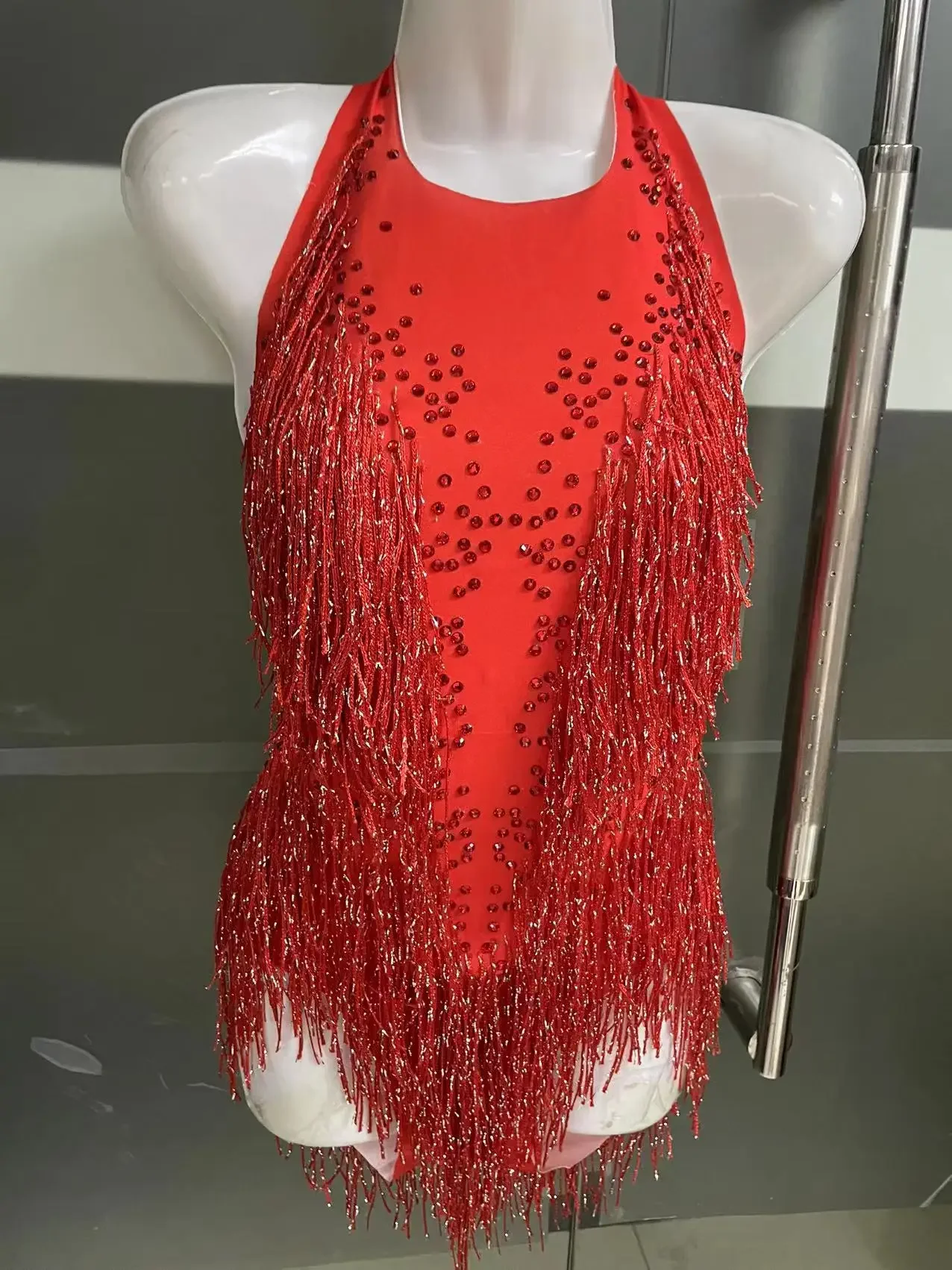 Sparkly Rhinestones Fringes Bodysuit Women Nightclub Outfit Glisten Dance Costume One-piece Dance Wear Singer Stage Leotard Rhinestones Dress