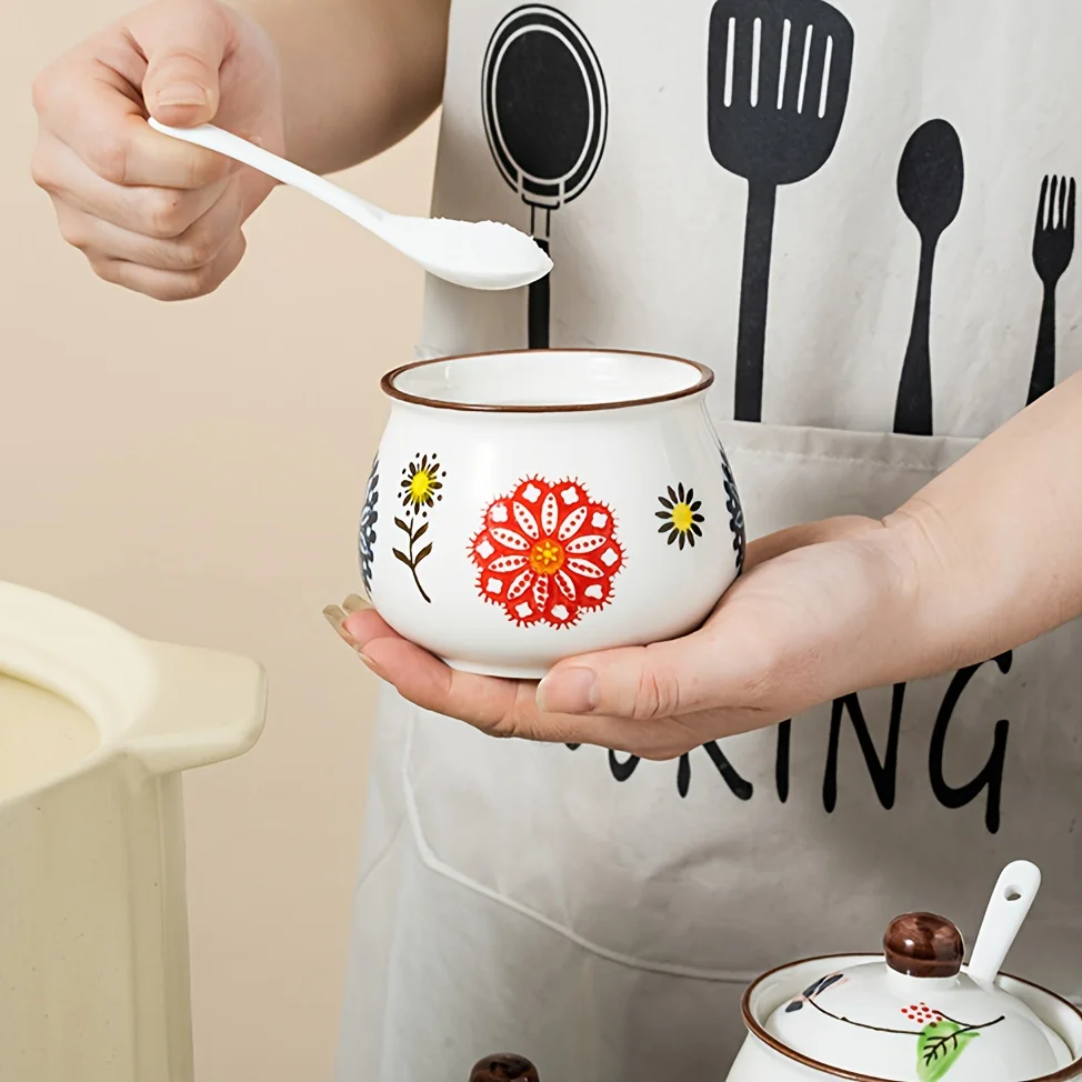 3pcs Hand-Painted Ceramic Salt & Sugar Jars Suitable Storage, Lidded Spoons Included with Underglaze Containers, Decorative Cond 6