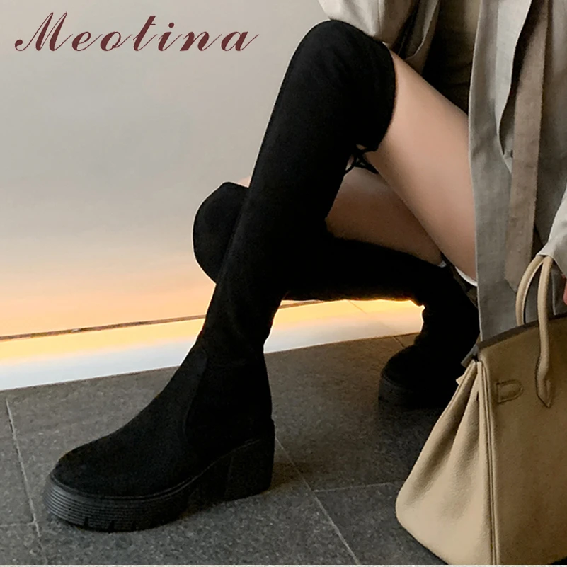 

Meotina Women Over-the-Knee Boots Round Toe Platform Thick High Heels Stretch Long Boot Ladies Fashion Shoes Autumn Winter 40