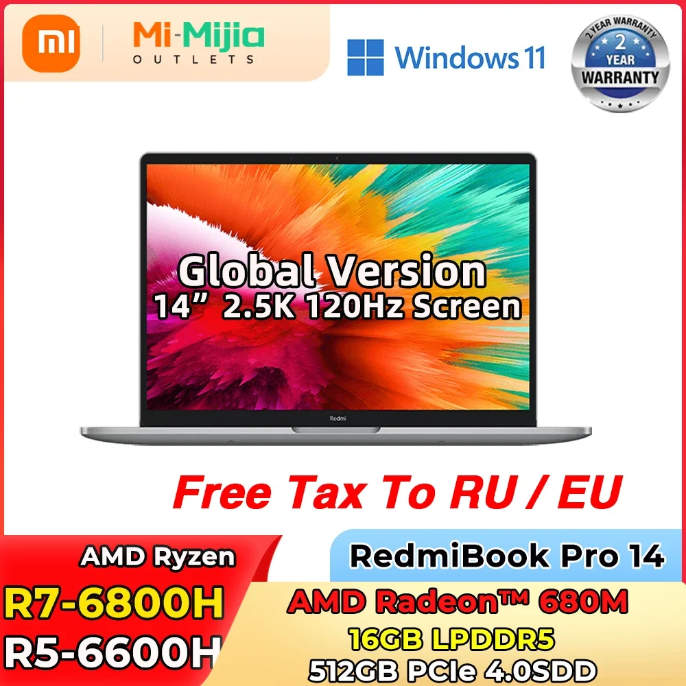 Xiaomi RedmiBook Pro 14 Laptop AMD Ryzen Mi Notebook R5 6600H/R7 6800H 16G+512G 660M/680M Graphics 2.5K 120Hz PC Computer\n