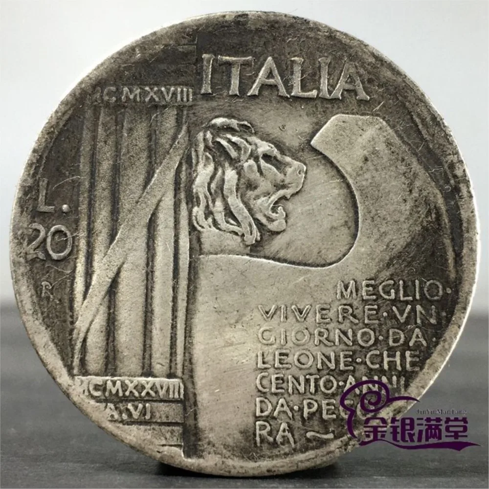 1 PCS Italian Benito Mussolini Mcmxcviii Mcmxviii Italia 20 Lira Steel Helmet Private Silver Dollar Coins Old Coin Collection