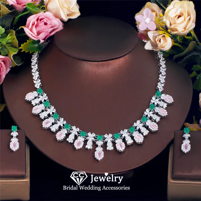 

CC Jewelry Set for Women Wedding Accessories Bridal Bijoux Engagement Necklace Set 2 PCS Luxury Shining Fine Jewellery T0268