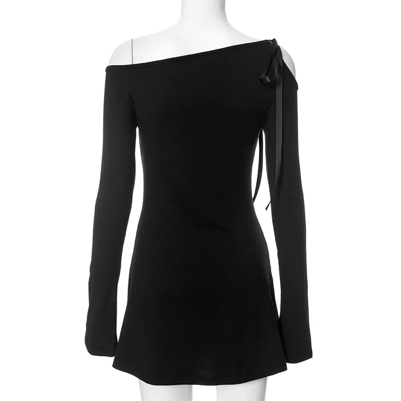 Off-Shoulder Ruffled Bandage Mini Dress For Women Fashion Long Sleeve Patchwork Lace-Up Elegant Dress Female Solid Dress