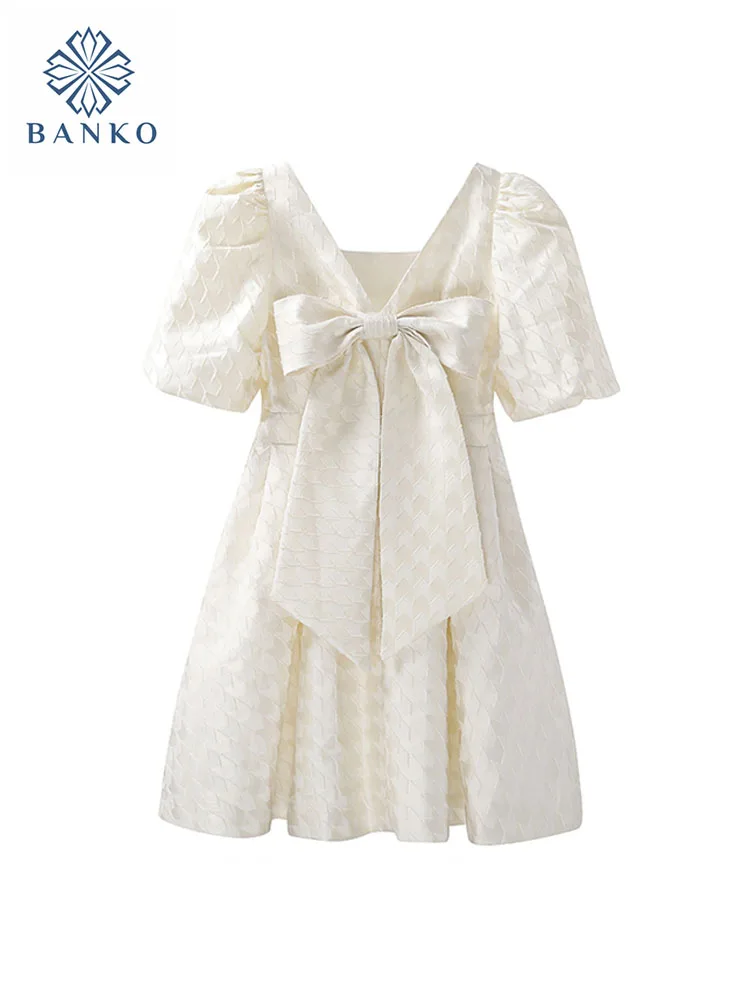 

Mori Girl Bow Fairy Dress V-Neck French Elegance Party Prom 2000s Aesthetic Puff Sleeve Sweet A-Line Dress White Spring Summer