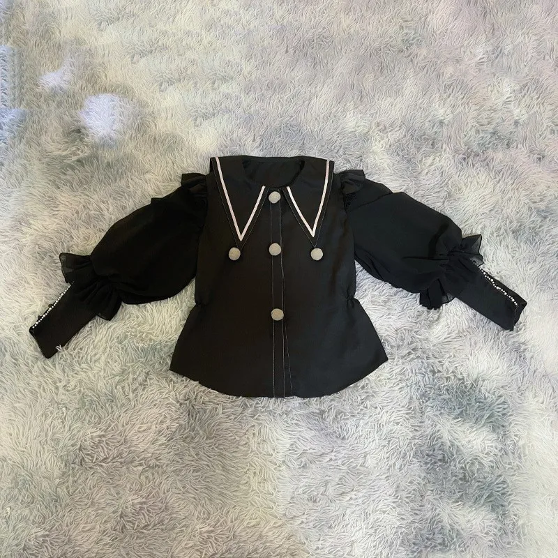

2022 New Autumn Black Gothic Lolita Shirts Cute Long Sleeve Top Sweet Girls Loli Fashion Tea Party