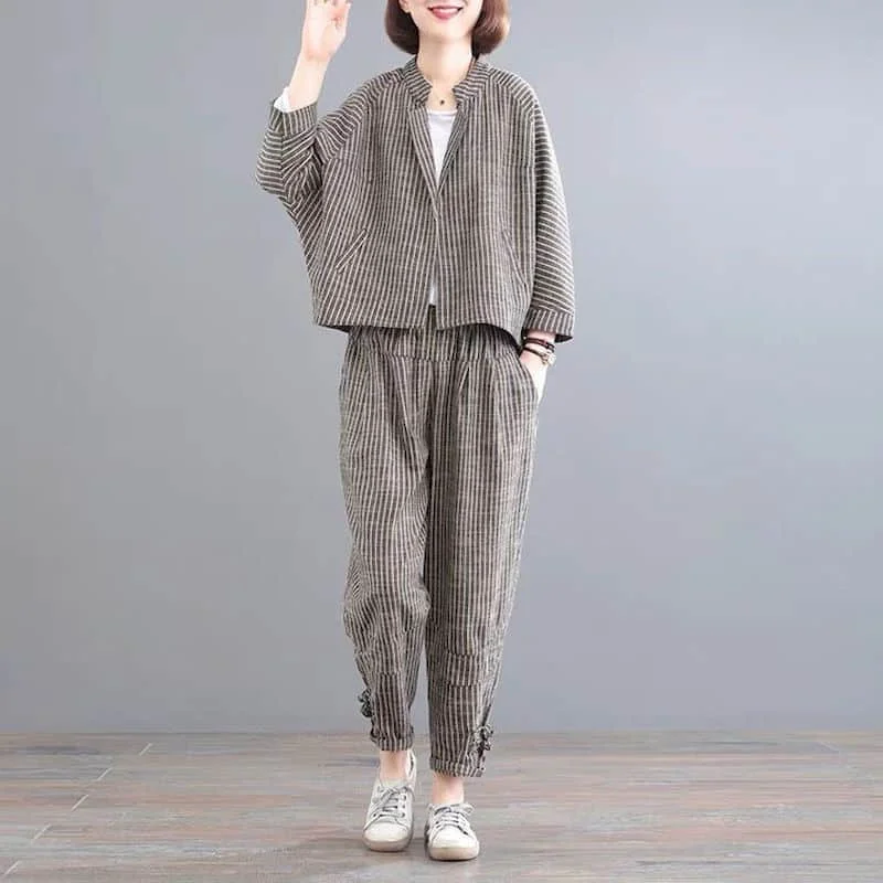 Women's Vintage Striped Coat & Harem Pants Set