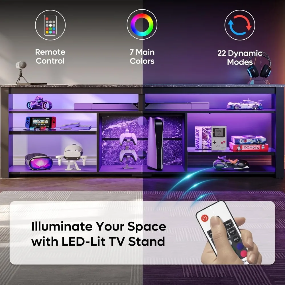 70 Inch TV Stand, Tall LED Entertainment Center for 70/75/80 inch TV, Gaming TV Cabinet with Storage for PS5, Modern TV Console 4