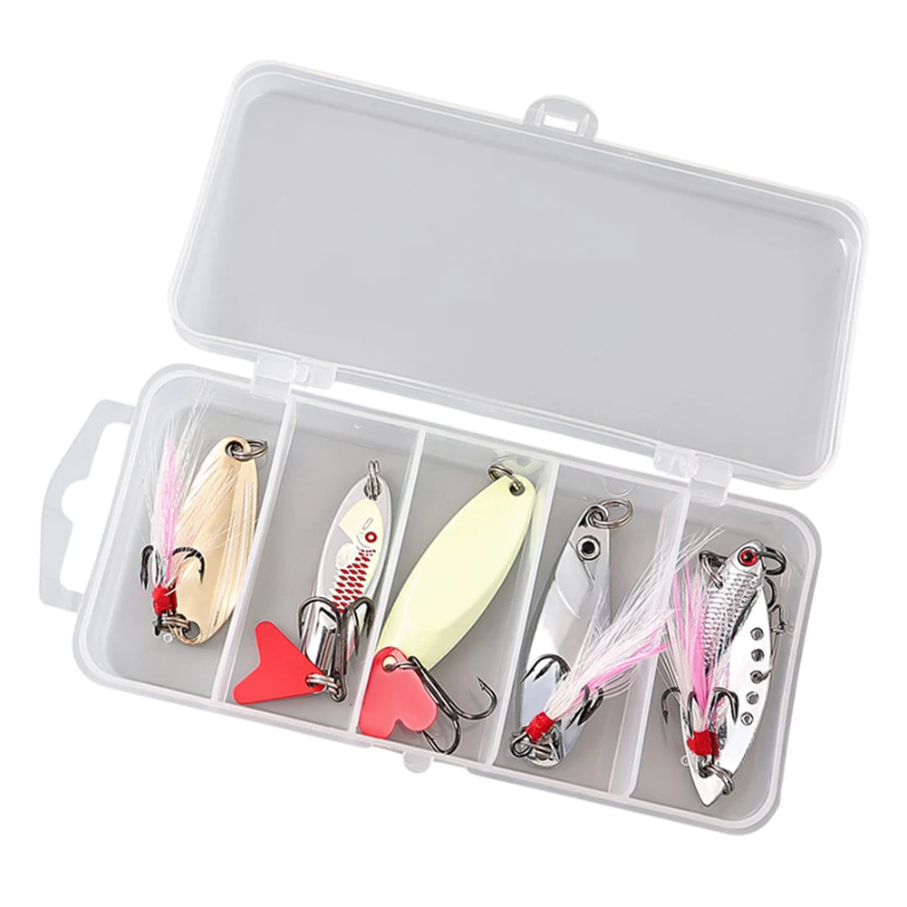5pcs Metal Jig Spoon Spinner Fishing Lure Artificial Bait Hard Baits Sequins Spinner Lures with Box Treble Hooks for Fishing
