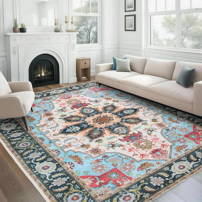 Retro Living Room Carpet Geometric Floral Design Luxury Plush Bedroom Rugs Foldable Machine Washable Non-slip Cloackroom Mats 러그
