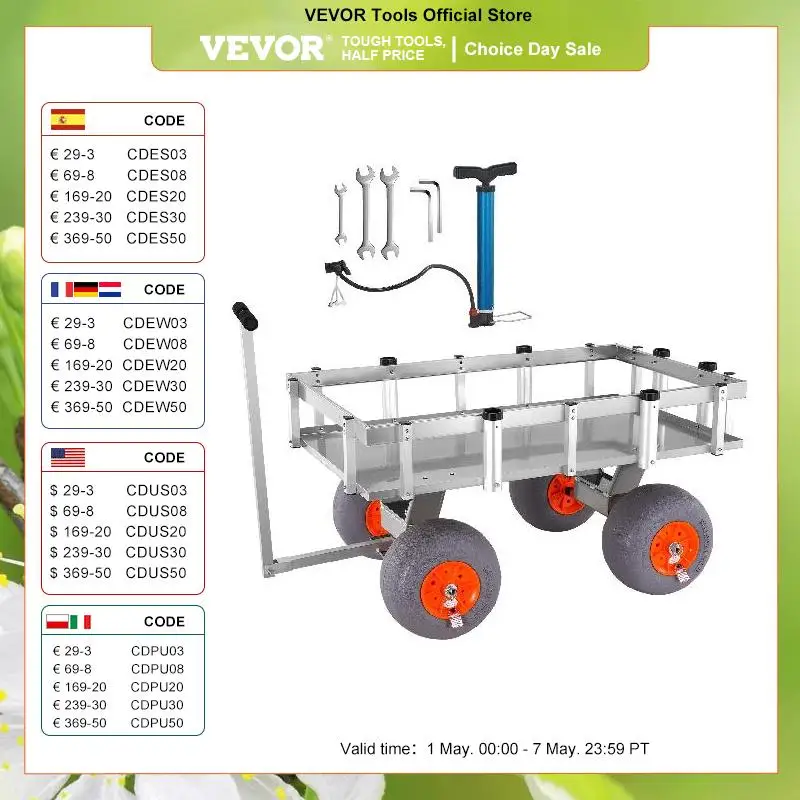 

VEVOR 500lbs Beach Fishing Cart Marine Cart with Four 13" Big Wheels 6 Rod Holders Aluminum Pier Wagon Trolley for Sand Picnic