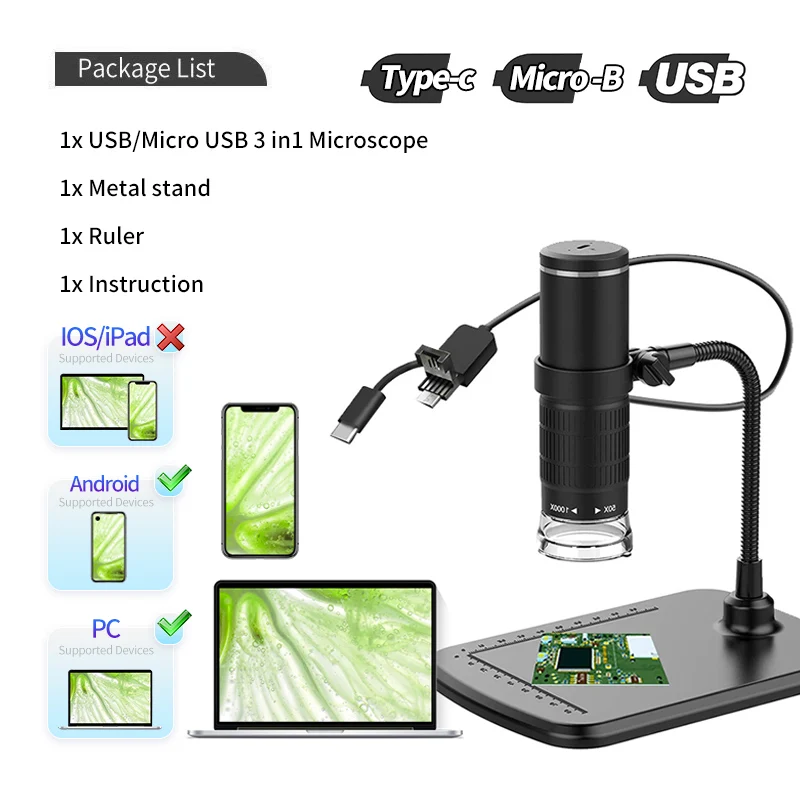 مجهر رقمي لاسلكي محمول USB HD كاميرا التفتيش 50x-1000x التكبير مع حامل مرن لجهاز iPhone iPad