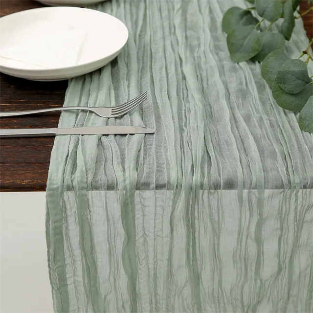Félig Géz Esküvői Party Karácsonyi Bankettek Asztali Futó Sage Cheesecloth Asztal Beállítási Étkező Vintage Ívek Torta Dekoráció - Image 6