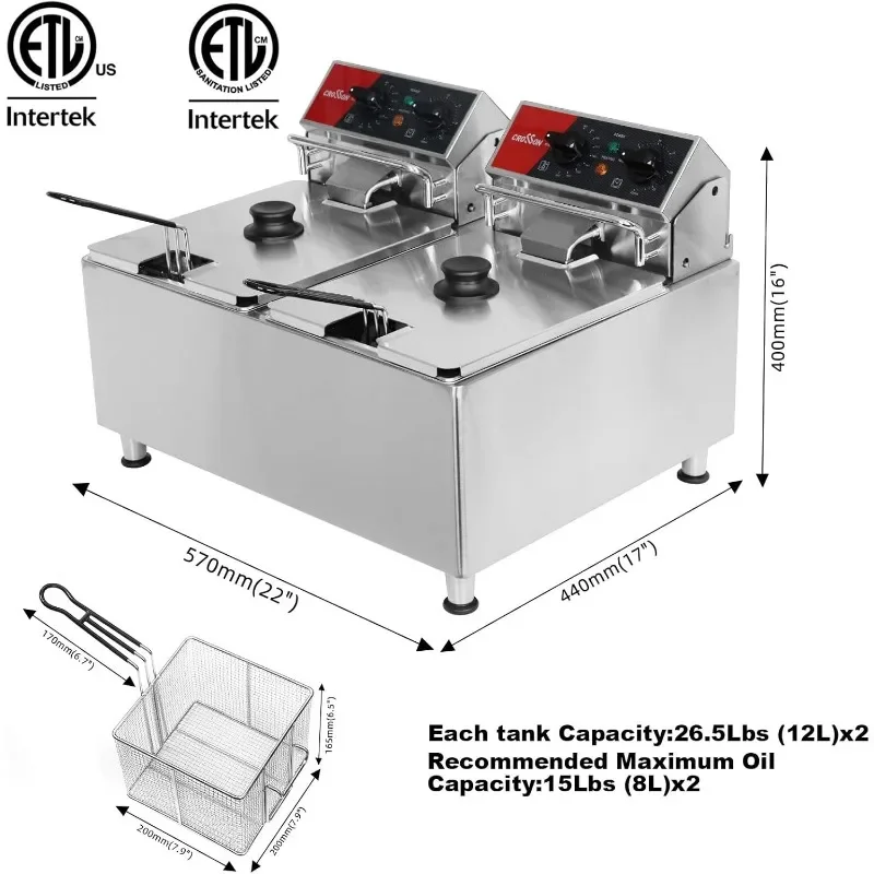 CROSSON ETL Listed 30Lbs Dual Tank Electric Commercial Deep Fryer with Solid Basket,Lid and Height Adjustable Legs