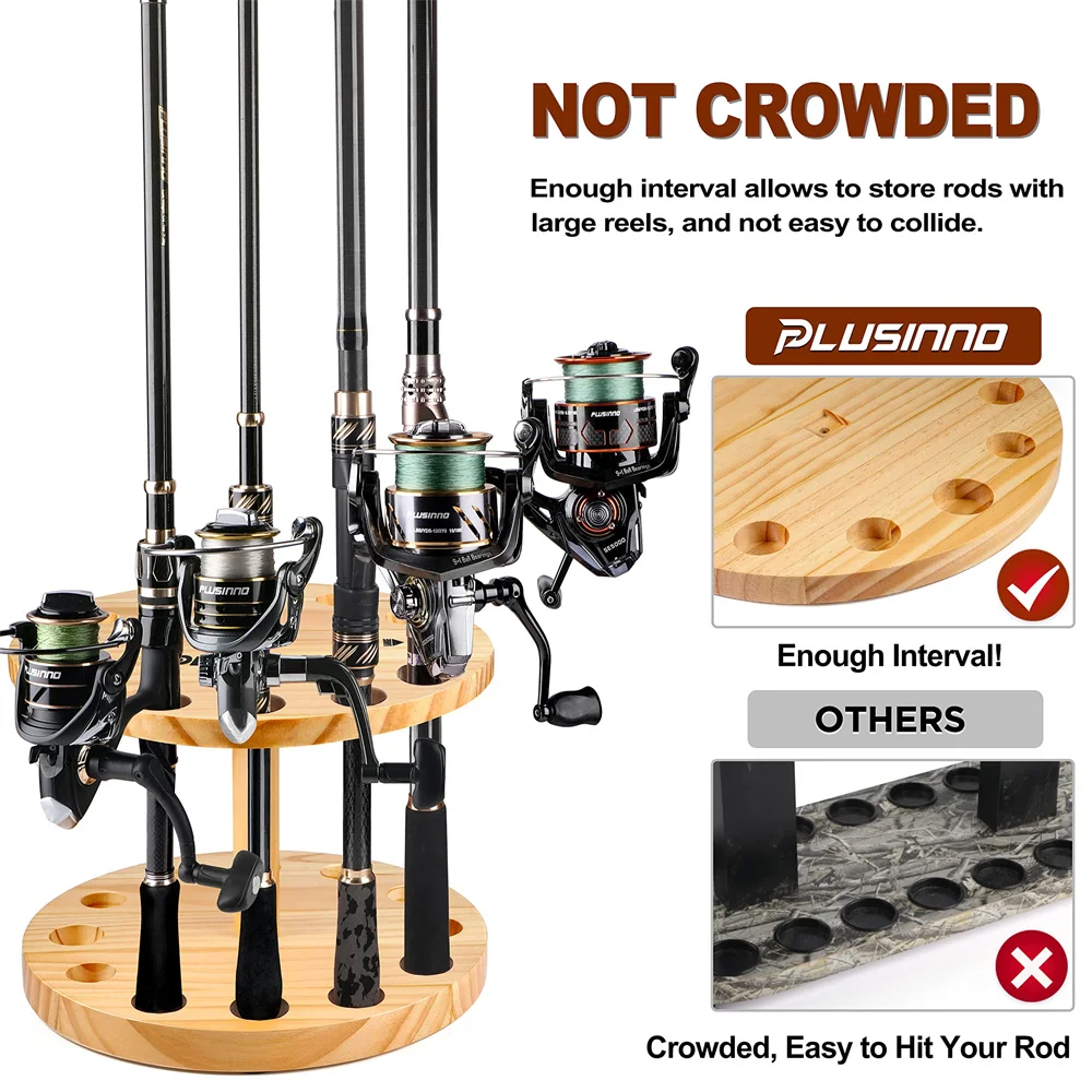 PLUSINNO V12 Wood Fishing Rod Holders for Garage Vertical Wooden Fishing Pole Rack