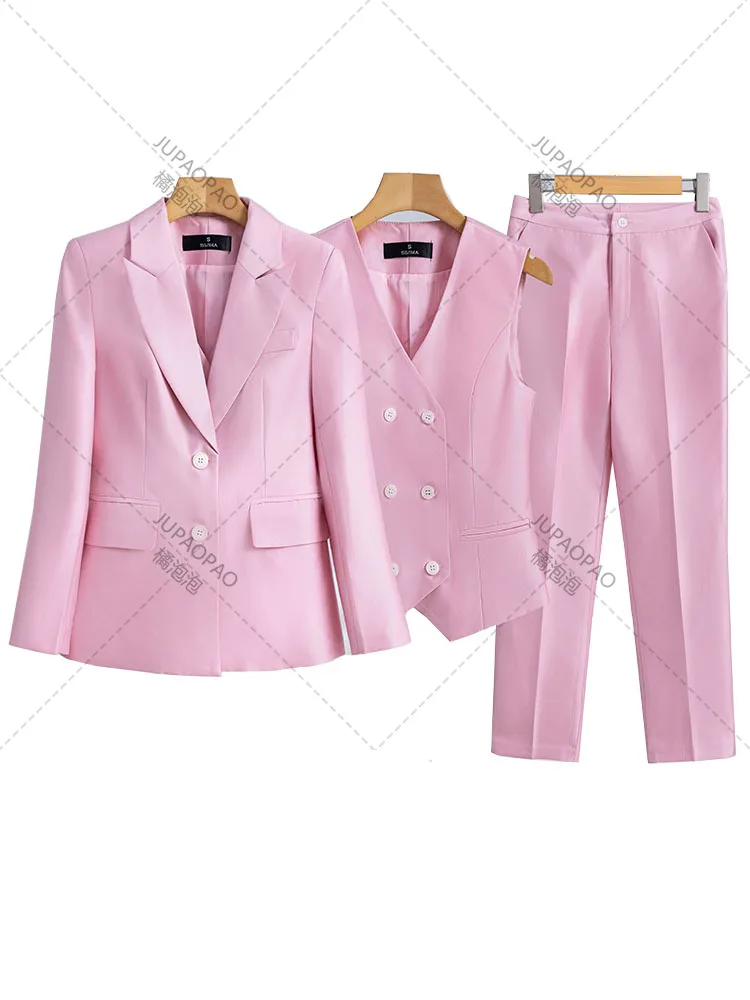 

Women Formal Blazer Vest And Pant Suit Navy Pink Orange Office Ladies Long Sleeve 3 Pieces Set For Business Work Career Wear