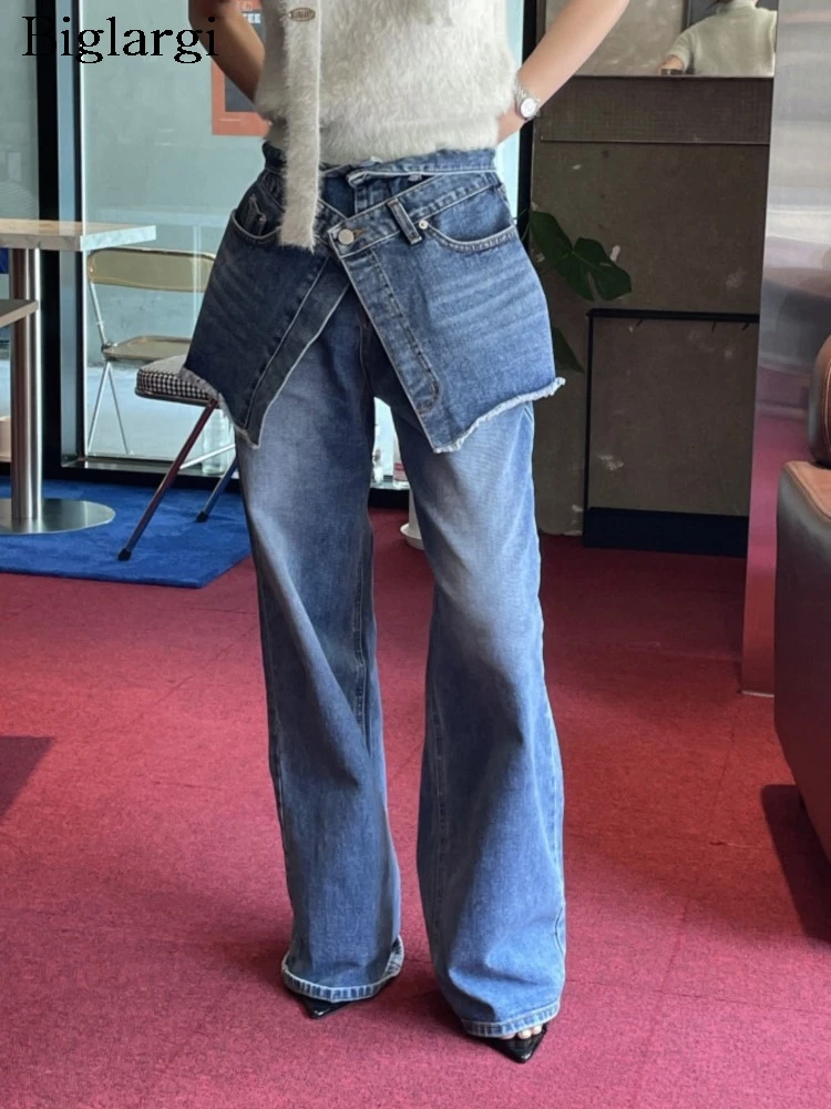 

Джинсы женские весенне-летние длинные брюки с высокой талией, модные Асимметричные лоскутные брюки для женщин, Свободные плиссированные женские брюки в Корейском стиле