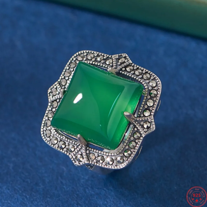 

S925 Sterling Silver Charms Rings for Women Men New Fashion Ancient Patttern Inlaid Square Green Agate Jewelry Free Shipping