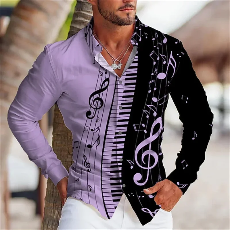 thumbnail image 1 of 2024 Camiseta informal para hombre y mujer, nueva moda, con botones de solapa y estampado de nota musical, ropa de calle para hombre, camisetas de manga larga para hombre, 1 of 4