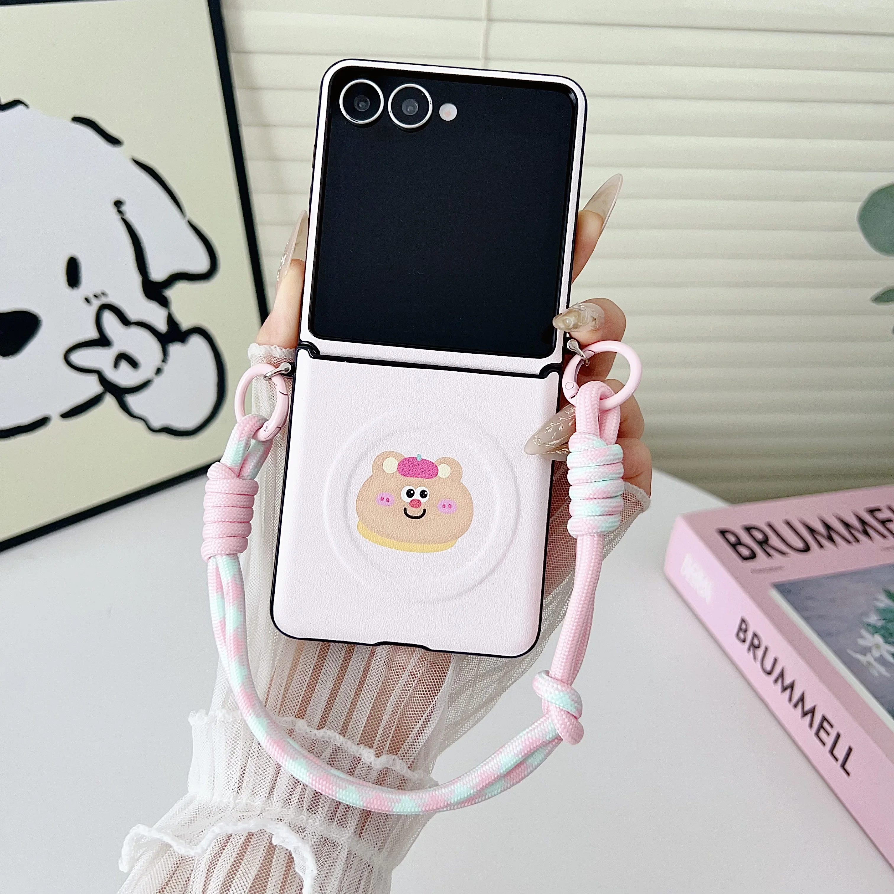 Magnetic Bracket Leather Cartoon Phone Case with Protective Lanyard Cover